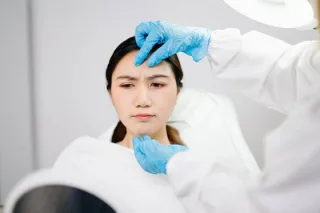 眉間のイメージ（眉間にしわを寄せる女性）